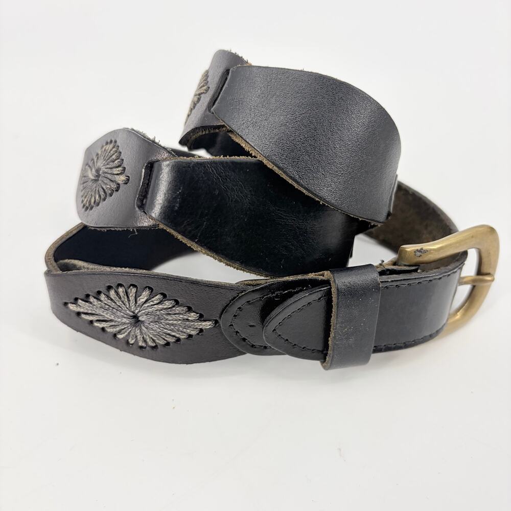 Boho Black Leather Embroidered Concho Womens Belt Sz Small Brass Buckle Western